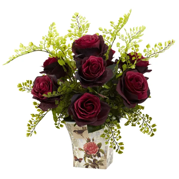 Nearly Natural Rose & Maiden Hair Floral Planter - White