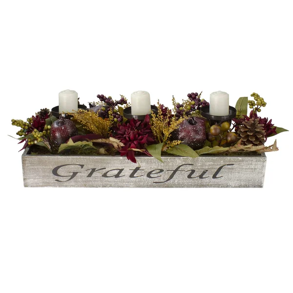 Northlight 24x22 Autumn Harvest Pomegranate 3-Piece Candle Holder in A Grateful Rustic Wooden Box Centerpiece