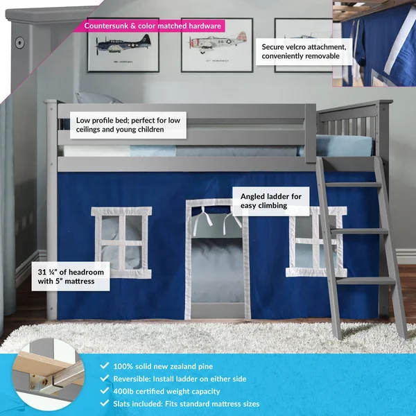 Max & Lily Twin Over Twin Low Bunk with Blue Curtains, Grey
