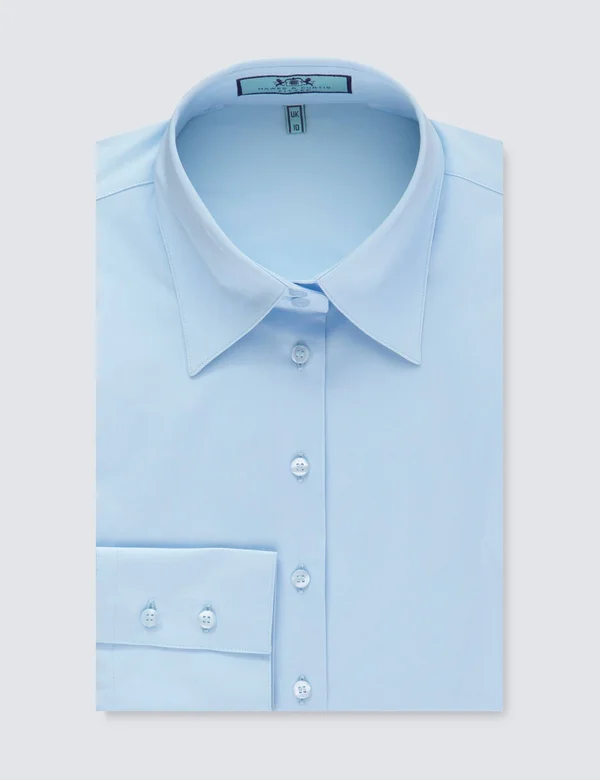 Hawes & Curtis Women's Fitted Shirt with High Long Collar in Ice Blue, Size 14, Single Cuff