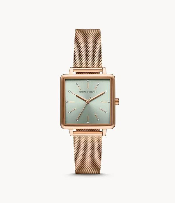 Armani Exchange Three-Hand Rose Gold-Tone Mesh Stainless Steel Watch
