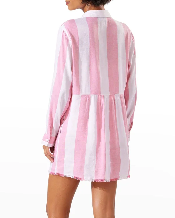 Tommy Bahama Rugby Beach Stripe Boyfriend Shirt - Coral Coast, Women's, S, Swimwear Swimsuits Bathing Suits Swim Coverups & C
