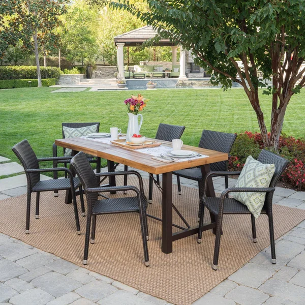 Christopher Knight Home Spencer Outdoor 7-Piece Rectangle Wicker Wood Dining Set by - Brown
