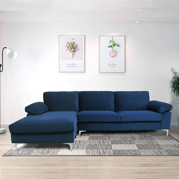 Velvet Sleeper Sectional Sofa Modern Futon Tufted Chaise Couch with Metal Legs Left Hand Facing L-Shape Couch 4-Seat Sofas for A