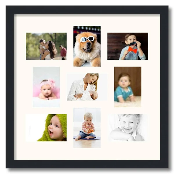 Collage Picture Frame - Satin Black Frame with 9 openings for 4x6 Photos with White Mat. D3926IG540, ArtToFrames