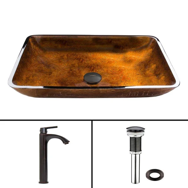 Vigo Rectangular Russet Glass Vessel Sink and Linus Faucet Set - Antique Rubbed Bronze VGT494