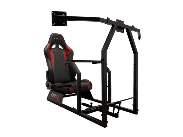 GTR Simulator GTAF-BLK-S105LBKRD - GTA-F Model (Black) Triple or Single Monitor Stand with Black/Red Adjustable Leatherette Seat