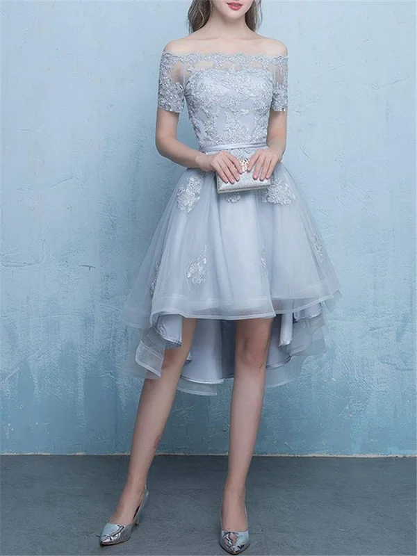 Blue Lace Elegant Floral Off Shoulder High-Low Cocktail Dress Gray - L
