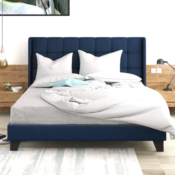 Navy Blue Queen Size Platform Bed Frame Wingback Fabric Upholstered