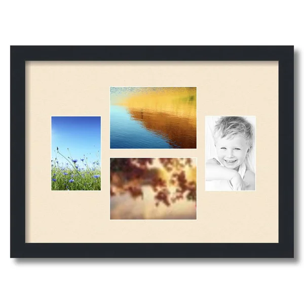 Collage Picture Frame, Satin Black Frame with 4 openings for 5x7 Photos with Pink Alabaster Mat. D3926DE272, ArtToFrames