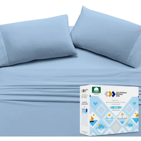 California Design den Silky Soft Sateen Solid Sheet Set Twin XL, Denim Blue, Sheet Set - 100% Sateen Cotton - 500 Thread Count