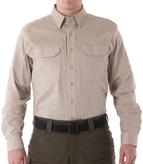 First Tactical - Men's First Mens V2 Long Sleeve Button-Down Shirt, Uniform, Casual, 2 Chest Pockets, in, Wolf Grey, Color Khaki