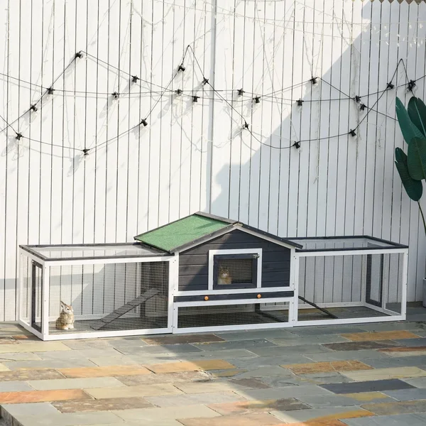 PawHut 2-Story Large Wooden Rabbit Hutch Pet House with Ramps, Lockable Doors, Run Area and Asphalt Roof for Outdoor Use