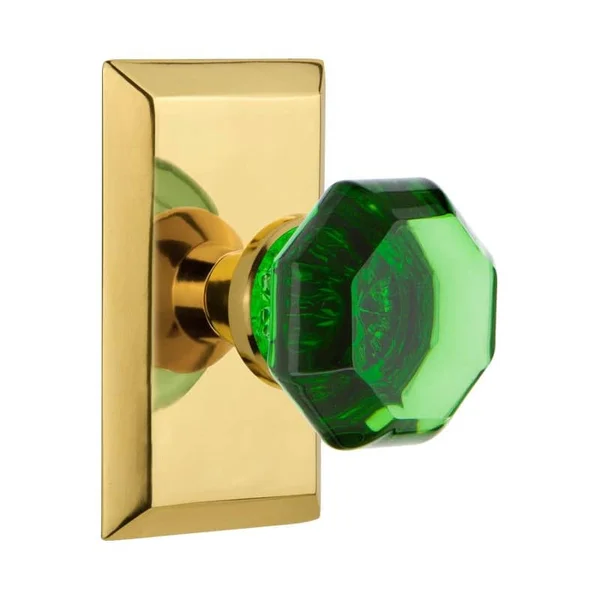 Nostalgic Warehouse Studio Plate Passage Waldorf Emerald Door Knob in Polished Brass