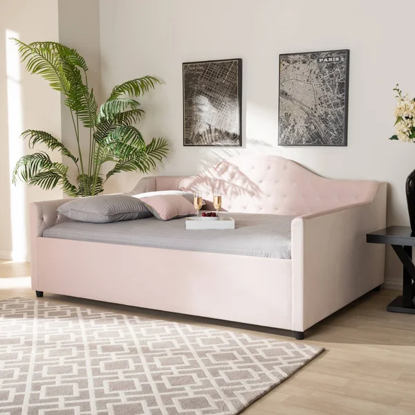 Baxton Studio Perry Velvet Upholstered and Tufted Daybed Light Pink - Size: Queen