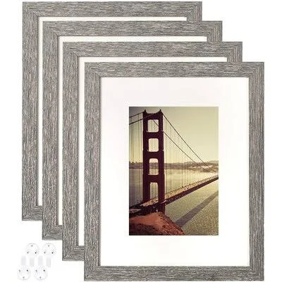 4/4 4x6 Picture Frame Rustic Grey Wood Pattern Set of 4 with Tempered Glass, Display Pictures 3.5x5 with Mat or 4x6 Without Mat