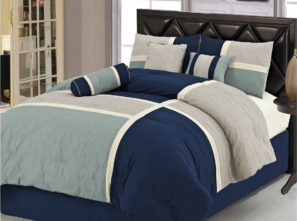 Chezmoi Collection 7-Piece Quilted Patchwork Comforter Set (Full, Blue/Gray)