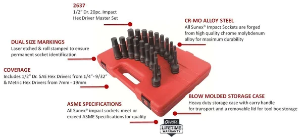 Sunex 2637 1/2-Inch Drive Metric and SAE Impact Hex Driver Master Set