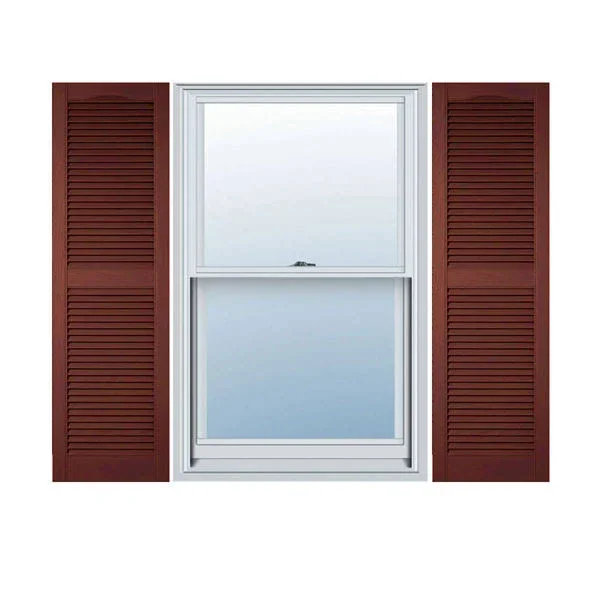 18 inchw x 69 inchh Lifetime Vinyl, Custom Cathedral Top Center Mullion, Open Louver Shutters, w/Shutter-Loks (Per Pair), Burgun