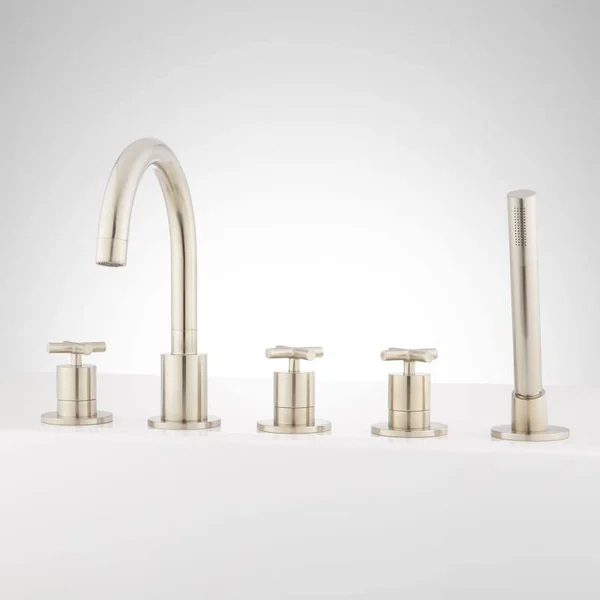 Signature Hardware 922090 Exira Deck Mounted Roman Tub Filler Faucet - Includes Hand Shower Brushed Nickel Faucet Roman Tub Trip