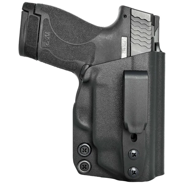 Smith & Wesson Mu0026P Shield M2.0 9MM/40SW w/Integrated Crimson Trace Laser Tuckable IWB Kydex Holster Black, Right Hand (