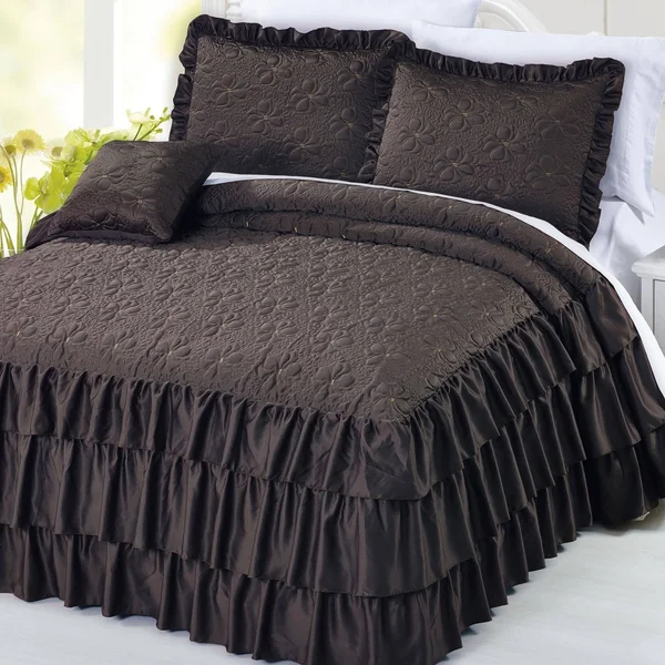 Serenta 4 Piece Matte Satin Ruffle Quilted Bedspread Set, Pink, Queen