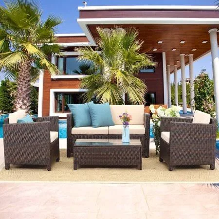 Outdoor Patio Furniture Set, 5 Piece Conversation Set Wicker Sectional Sofa Loveseat Chair Brown Wicker, Beige Cushions, Tan