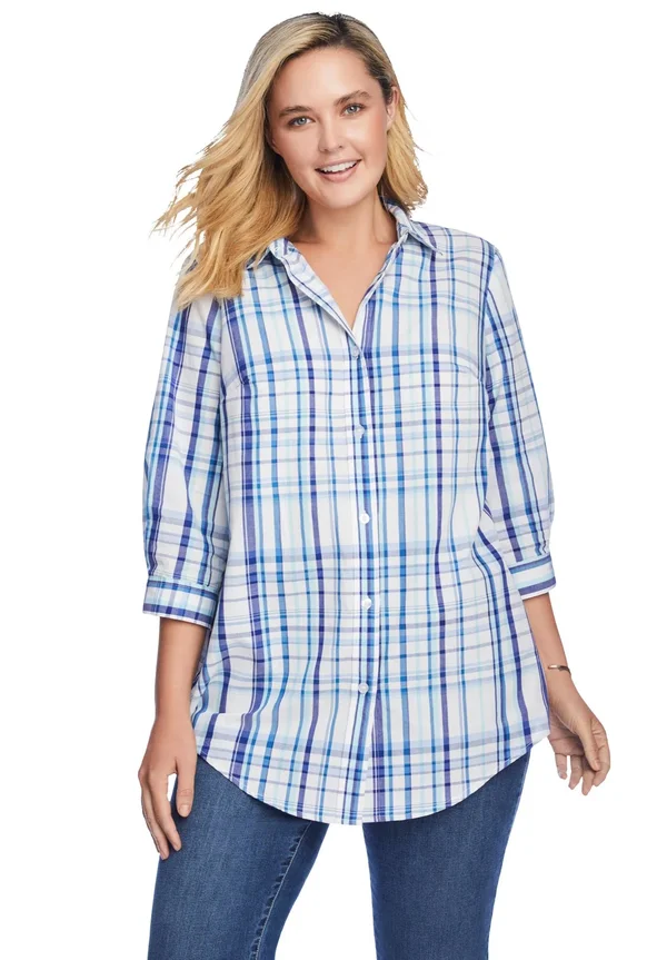 Plus Size Women's Printed Three-Quarter Sleeve Perfect Shirt by Woman Within in Ultra Blue Plaid (Size 3X)