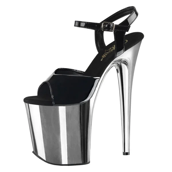 Pleaser FLAMINGO-809, 8x22 Heel Chrome Ankle Stra - Black/Silver 11