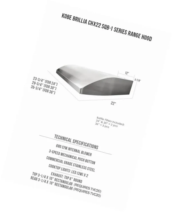 Kobe CHX2236SQB-1 Brillia 36-Inch Under Cabinet Range Hood - 3-Speed, 680 CFM, LED