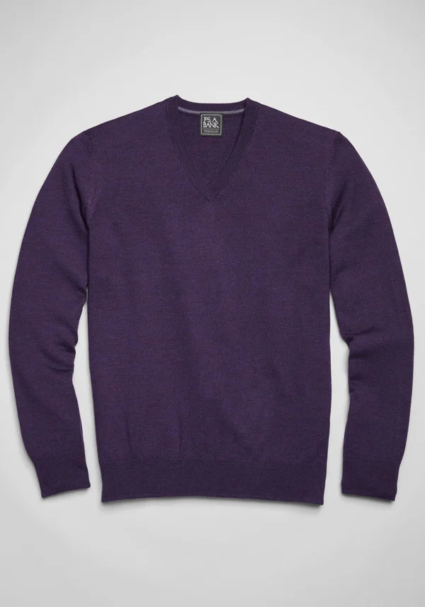 JoS. A. Bank Men's Traveler Collection Tailored Fit Merino Wool V-Neck Sweater - Purple, Large