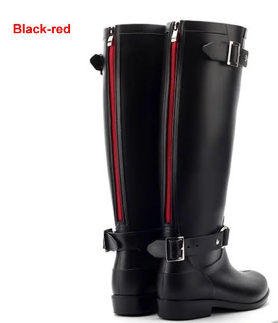 Punk Style Zipper Knee High Boots Women's Rain Boots Outdoor Rubber Water Shoes - Brown - Rubber - 8 M US