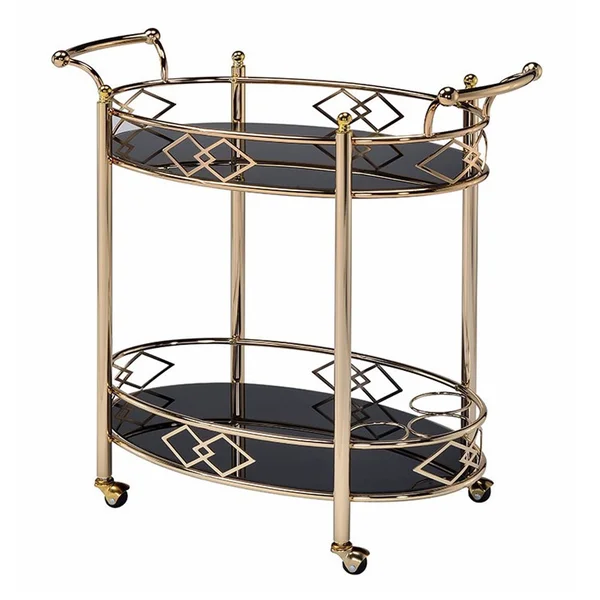Benzara Metal Framed Serving Cart with Tempered Glass Top and Open Bottom Shelf, Gold and Black