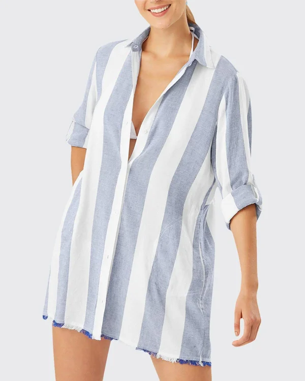 Tommy Bahama Rugby Beach Stripe Boyfriend Shirt - Coral Coast, Women's, S, Swimwear Swimsuits Bathing Suits Swim Coverups & C
