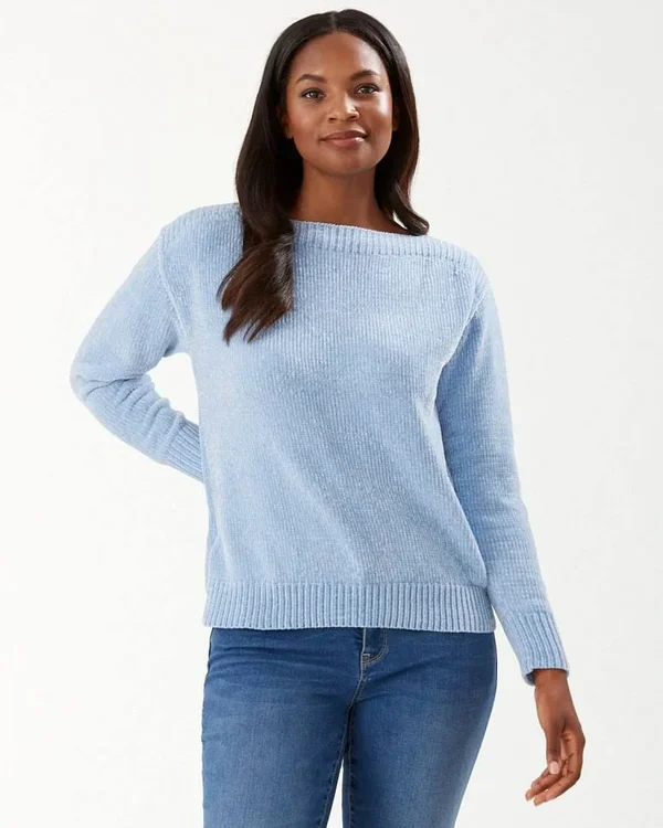 Tommy Bahama Women's Luna Chenille Boatneck Sweater - Light Mistral - Size XL