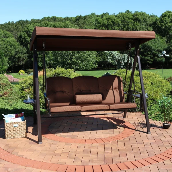 Sunnydaze Decor 3-Person Steel Frame Outdoor Canopy Swing with Side Tables, Brown