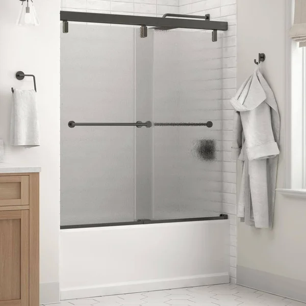 Delta Everly 60 in. x 59-1/4 in. Mod Semi-Frameless Sliding Bathtub Door in Bronze and 1/4 in. (6mm) Rain Glass