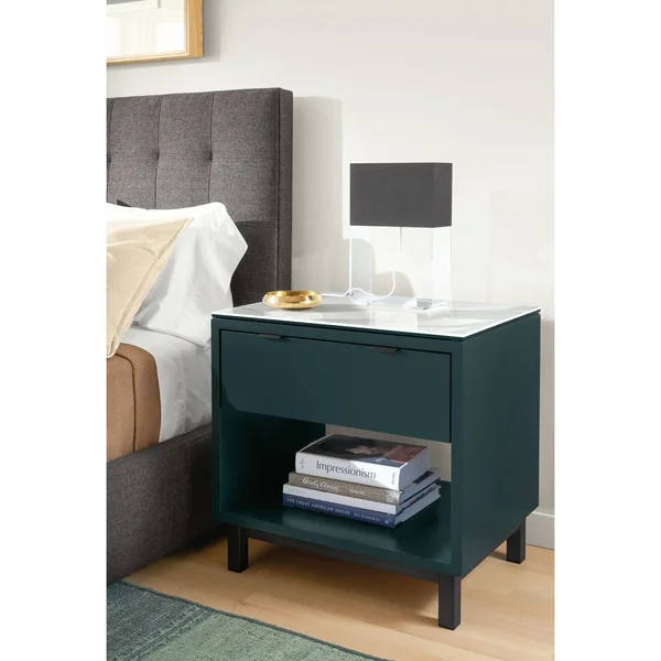 Room & Board, Modern Copenhagen One-Drawer Nightstand Made from Taupe Wood, Black Pulls w/ Natural Steel Base