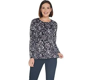 Denim & Co. Watercolor Floral Printed Longsleeve Top, Size XX-Small, Fall Grey