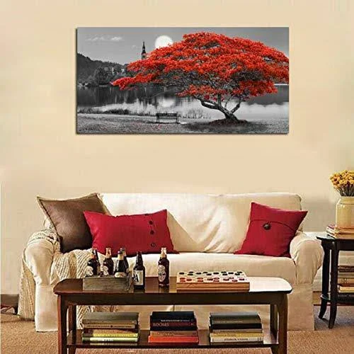 Arjun Canvas Wall Art Painting Red Tree Lake Moon Picture One Panel Extra Large size - Modern Panoramic Landscape Artwork Prints