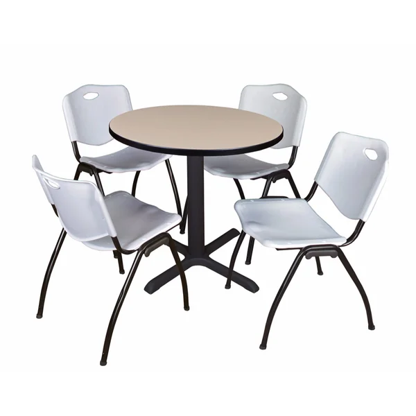 Cain 30x22 Round Breakroom Table- Beige & 4 &M& Stack Chairs- Grey