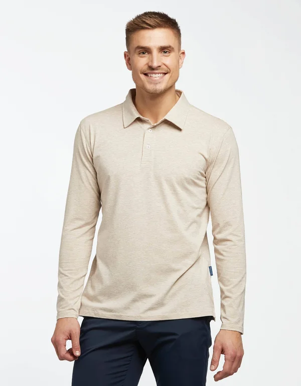 Sun Protective Long Sleeve Polo Shirt for Men UPF50+, UV Protection Light Grey Marle