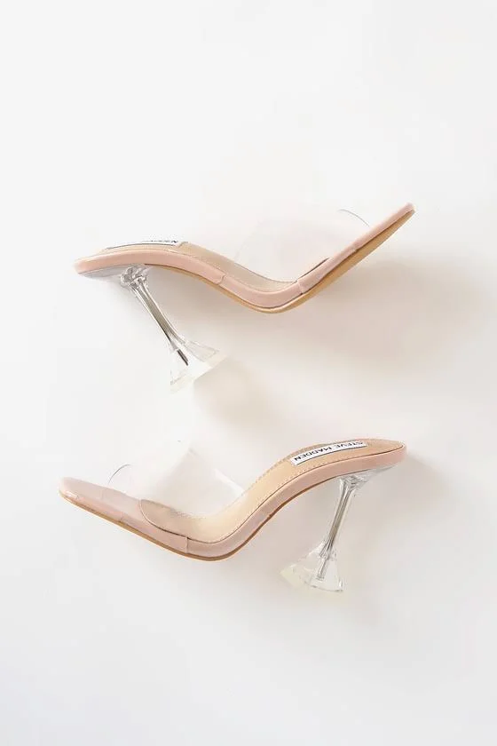 Steve Madden, Silver Cyrus Clear Lucite High Heel Sandals, Womens, 5.5, Vegan Friendly