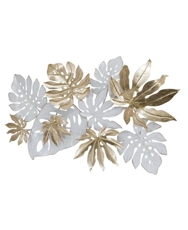 Classy Art Gold and White Tropical Leaves Metal Mixed Media Wall Art