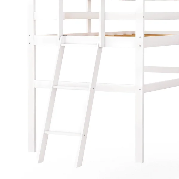 Wooden Twin Size Low Loft Bed with Ladder - White