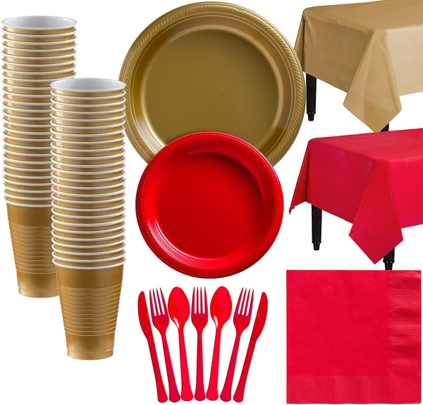 Party City Red and Silver Plastic Tableware Kit for 50 Guests - 487 Pieces