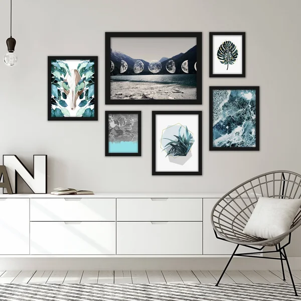 Contemporary Blue-Grey Framed Art Set - Black