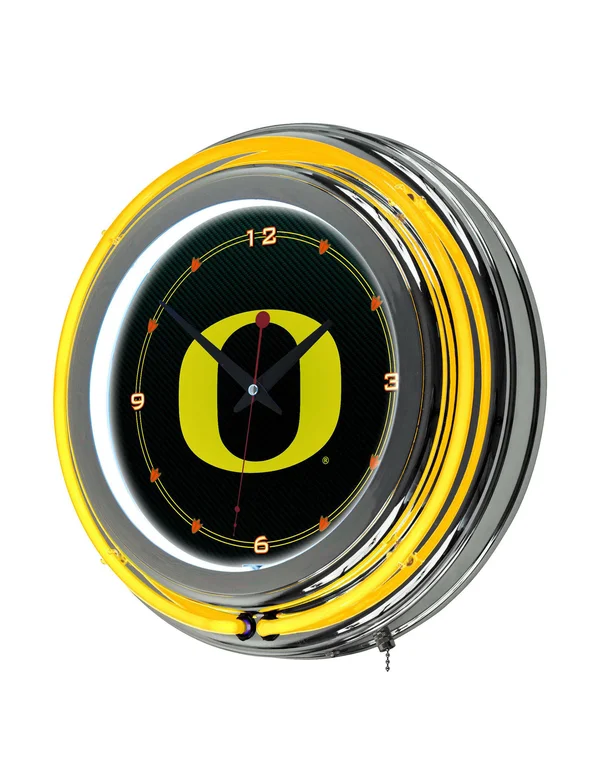 University of Oregon Chrome Double Rung Neon Clock - Carbon Fiber, 3 x 14.5 x 14.5 inches
