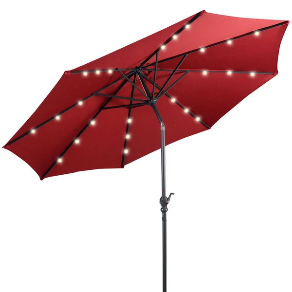 Costway 10ft Patio Solar Umbrella LED Patio Market Steel Tilt w/ Crank (Burgundy)