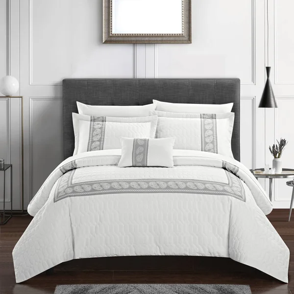 Chic Home Mason 8 Piece Hotel Collection Paisley Comforter Set - Size Queen, White